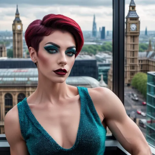 Prompt: Gorgeous muscular 25-year-old French drag queen with strong masculine jawline,  very short dark red hair, dark eyeshadow, and dark lipstick, in the CAD office wearing chenille knitted wrist in teal blue and red gradient, next to the window with London city and Big Ben view