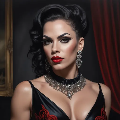 Prompt: a Gorgeous muscular 35-year-old Portuguese drag queen (very strong masculine jawline and brow features) with a necklace and earrings on her neck and red lips and a black dress on her chest, Edwin Georgi, gothic art, highly detailed digital painting, a photorealistic painting