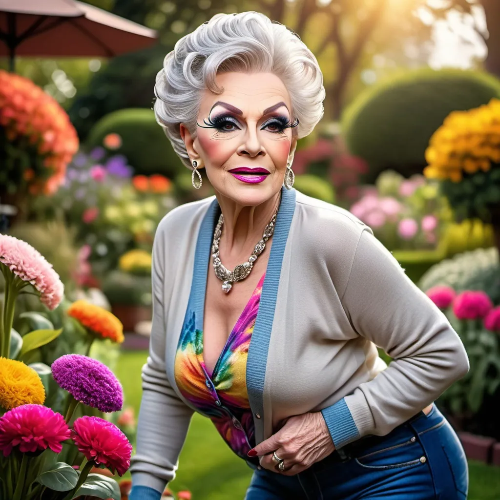 Prompt: Gorgeous elderly drag queen with a silver updo hairstyle, gardening in a backyard while wearing tight jeans, cardigan sweater, abd 8 inch stiletto high heel shoes.