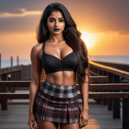 Prompt: full body photo of a young 23-year-old bodybuilder indian girl. Ridiculously long hair. died tips. Huge busom. Bodybuilder, wearing plaid pleated miniskirt. gothic black lips. very attractive. high detail realistic, professional photo. Studio lighting, backlit, realistic lighting. hdr uhd 8k ultra-realistic render,  very high detail skin, beautiful face, sunset. Boardwalk. 