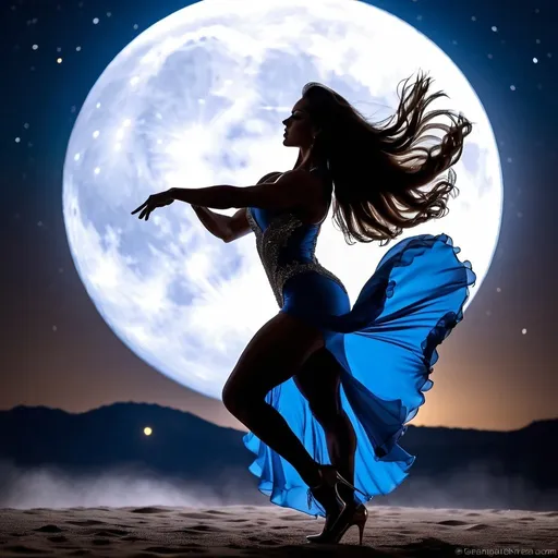 Prompt: Dancing ON the moon, silhouette, 30 year old muscular female bodybuilder, huge busom, long muscular legs, ridiculously long flowing hair, 8 inch stiletto high heel shoes, flamenco dress, earth background, dancing ON, the moon, Earth background, ultra-detailed.