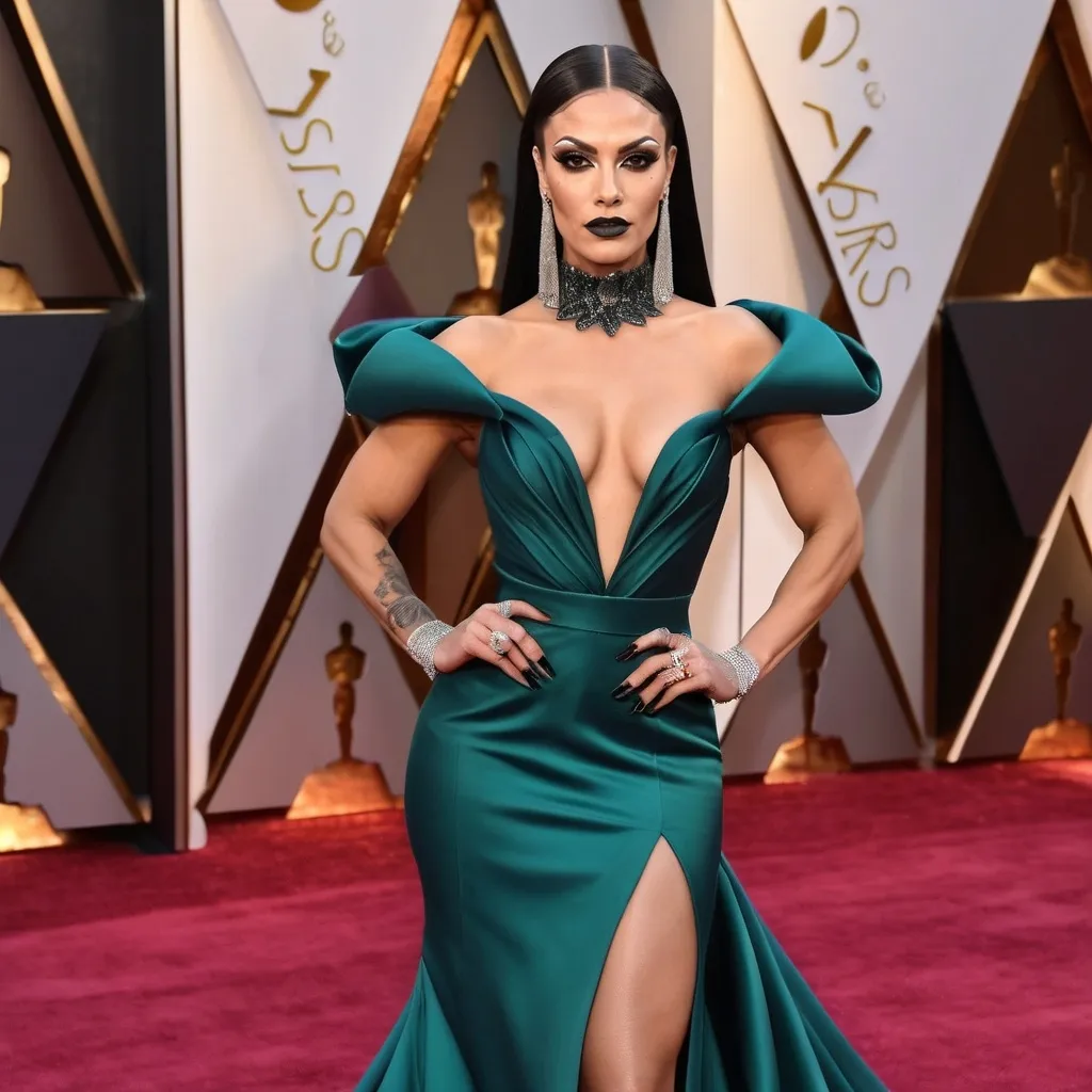 Prompt: Gorgeous thicc muscular 25-year-old Slovenian drag queen (very strong masculine jawline and brow features) with large busom wearing a beautiful stylish multi-fabric gown with long train, 8 inch stiletto high heel shoes.  Dark eyeshadow and dark lipstick. Walking the red carpet at the Oscars.