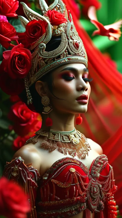 Prompt: Gorgeous ultra-muscular 25-year-old Thai drag queen princess bodybuilder in traditional red attire, heavy mascara and eyeshadow,  dark red lipstick, (surrounded by vibrant red roses), ethereal beauty and grace, flinging birds in the air celebrating love, warm and romantic atmosphere, lush green background accentuating the vivid reds, intricate detailing on clothing, (ultra-detailed, 4K), soft diffused sunlight illuminating the scene, enchanting and joyful ambiance.