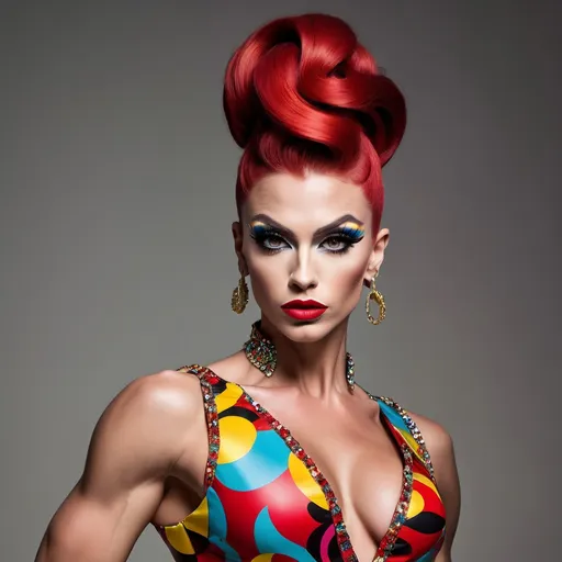 Prompt: Gorgeous ultra-muscular 25-year-old Czechian drag queen bodybuilder with long dark red stylish updo wearing a (Moschino dress), high fashion design, colorful patterns, playful and vibrant, couture elegance, luxurious texture, striking silhouette, artistic flair, runway-inspired style, intricate details, eye-catching embellishments, bold color palette, fashionable ambiance, (ultra-detailed), high-quality craftsmanship, fashion illustration vibes, stylish ensemble, (vivid colors), aesthetically stunning.