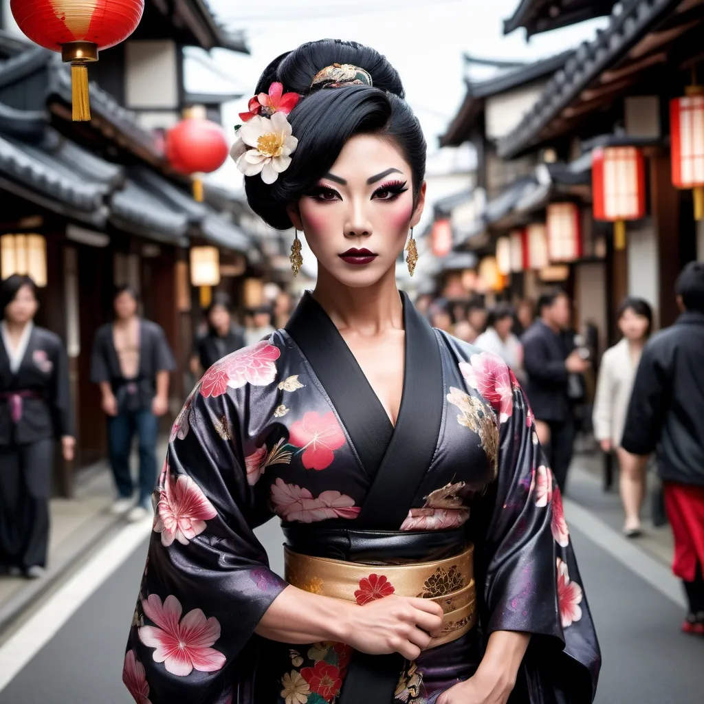 Prompt: Gorgeous muscular 25-year-old Japanese drag queen bodybuilder (masculine jawline and brow features) with dark eyeshadow, dark lipstick, and huge busom walking down the high street, detailed clothing, realistic, natural lighting, photorealistic, Japanese flower design on her kimono. Black hair in traditional Japanese style. 