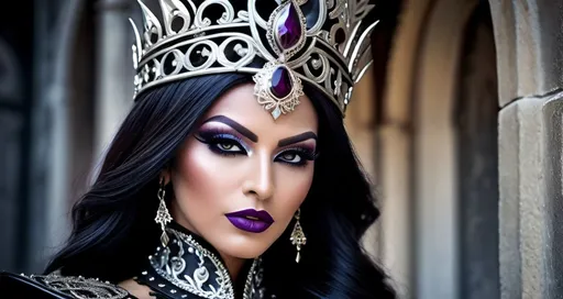 Prompt: Grunge style, stylish Turkish drag queen, (a formidable heroine:1.3), (gothic fantasy:1.25), (warrior armor:1.2), dark allure, formidable armor, ornate engravings, demonic motifs, spiked gauntlets, leather corset, skull ornaments, mystical symbols, ethereal glow, fierce countenance, haunting beauty, moonlit battlefield, (eerie lighting:1.2), (sinister hues:1.1), (intricate patterns:1.15), Textured, distressed, vintage, edgy, punk rock vibe, dirty, noisy