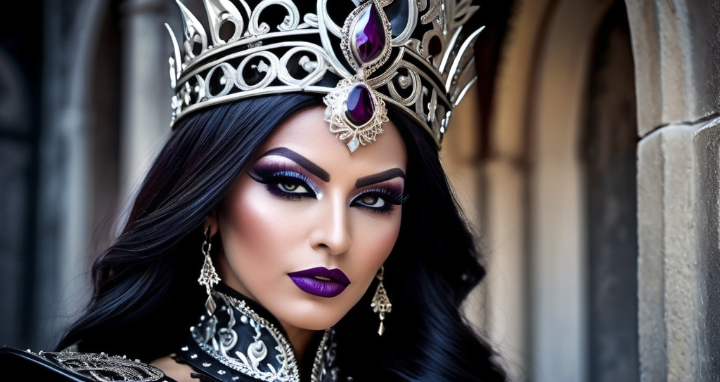 Prompt: Grunge style, stylish Turkish drag queen, (a formidable heroine:1.3), (gothic fantasy:1.25), (warrior armor:1.2), dark allure, formidable armor, ornate engravings, demonic motifs, spiked gauntlets, leather corset, skull ornaments, mystical symbols, ethereal glow, fierce countenance, haunting beauty, moonlit battlefield, (eerie lighting:1.2), (sinister hues:1.1), (intricate patterns:1.15), Textured, distressed, vintage, edgy, punk rock vibe, dirty, noisy