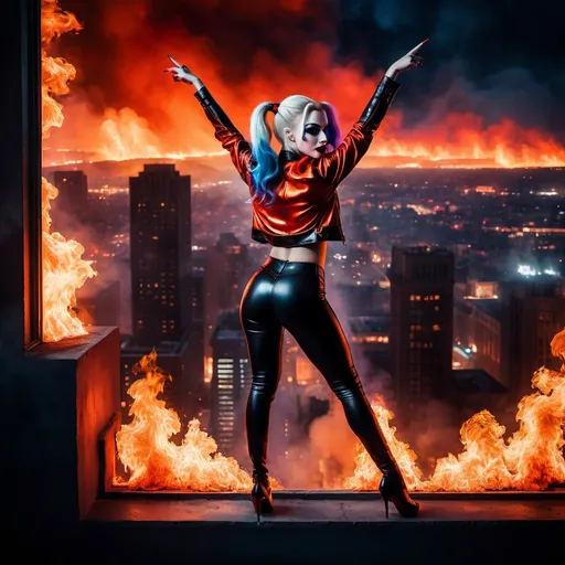 Prompt: Drag queen Harley Quinn perched on a window, hands in the air in triumph, gazing into a fiery cityscape, flames illuminated against a dark sky, dramatic tones, vivid reds and oranges, smoke swirling in the air, high detail, moody atmosphere, urban environment, nighttime, powerful contrast, cinematic lighting, ultra-detailed, surreal and intense emotional vibe.