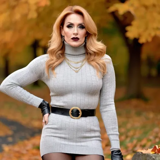 Prompt: Dressed in a cozy light gray knitted sweater dress featuring a high turtleneck and pattern detailing, the Gorgeous muscular 35-year-old olive-skinned French drag queen bodybuilder (with masculine facial features, dark lipstick, large busomto strawberry-blonde hair) exudes warmth and style against an autumnal backdrop. A chic beige belt accentuates her waist, adding a touch of sophistication to her look. She pairs the dress with sleek over-the-knee black boots that elongate her legs, while her wavy hair cascades effortlessly over her shoulders. The earthy tones of fallen leaves scattered on the ground complement the scene, suggesting a cool, crisp day, perfect for outdoor outings. Her playful pose and subtle pout convey a confident, carefree spirit, inviting warmth amidst the chilly setting.