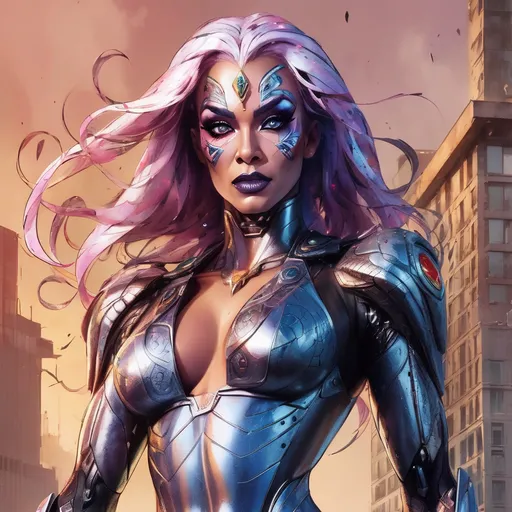 Prompt: A formidable 35-year-old French drag queen warrior cyborg, strikingly beautiful and powerful, yet haunted, bearing visible battle scars and marks of past villainy now subtly overlaid with symbols of heroism and snakes, signifying rebirth and transformation.  This character embodies both a superhero and a redeemed former villain, exuding an aura of powerful resolve and hard-earned redemption. Standing heroically amidst a stormy battlefield, with lightning illuminating the intricately etched fractal designs on the battle-scarred armor. The armor, a hybrid of Damascus steel and fractal art, shimmers with a mystical energy, the fractal patterns seamlessly merging with the Damascus steel's distinctive water-like texture.  Piercing, intense eyes reflect focused determination. Snakes are integral to the design: subtle serpent tattoos coil around muscular arms and legs, and snake motifs are etched into the armor and weaponry. A massive, fractal-designed sword or staff with Damascus steel accents completes the character's imposing and heroic presence.  The image is ultra-high definition, with sharp focus on the intricate details, realistic textures, and natural lighting.  The style is hyperrealistic, avoiding anime or comic book aesthetics. Focus on a grounded, realistic portrayal of the character and the environment.