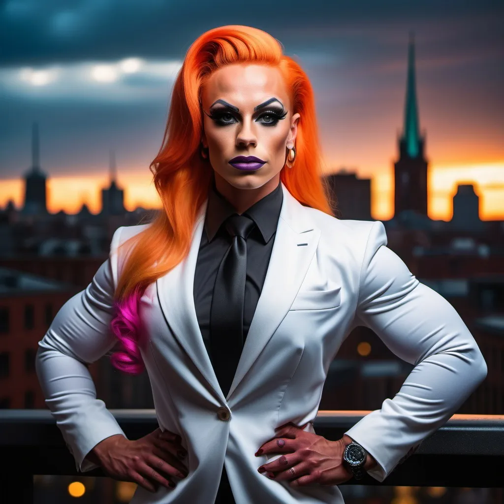 Prompt: Gorgeous ultra-muscular 25-year-old Swedish drag queen bodybuilder dressed as a professional lawyer