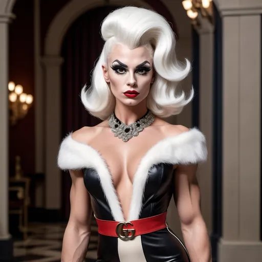 Prompt: A hyper realistic, gorgeous, muscular 25-year-old Czechian drag queen (masculine jawline and brow facial features) bodybuilder dressed as Cruella in Gucci dress, very detailed and accurated 64k quality HD 3D outfit