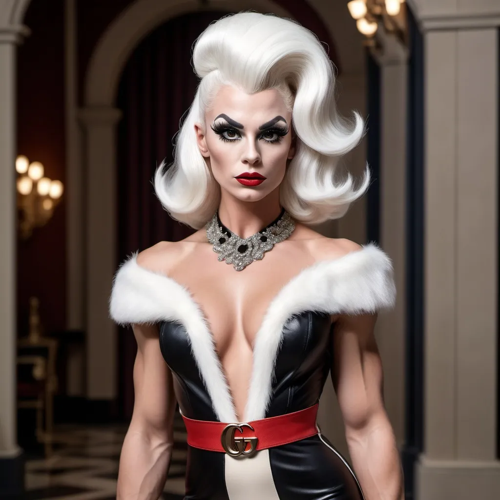 Prompt: A hyper realistic, gorgeous, muscular 25-year-old Czechian drag queen (masculine jawline and brow facial features) bodybuilder dressed as Cruella in Gucci dress, very detailed and accurated 64k quality HD 3D outfit