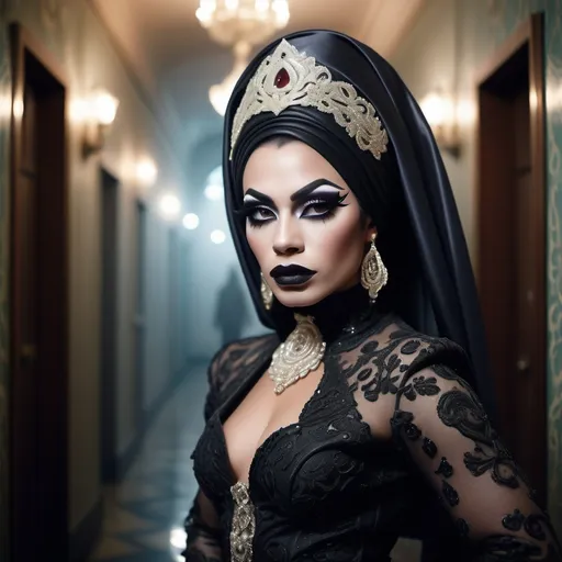 Prompt: hyper-detailed dull photo of a gorgeous muscular masculine 25-year-old Betawi drag queen, with dark eye makeup, dark lipstick, venetian lace jilbab, cropped jacket, foggy old hallway, art pose, medium format, epic character composition, sharp focus, intricate filigree details, cinematic lighting, volumetric fog, award-winning, masterpiece, 64K, professionally color graded