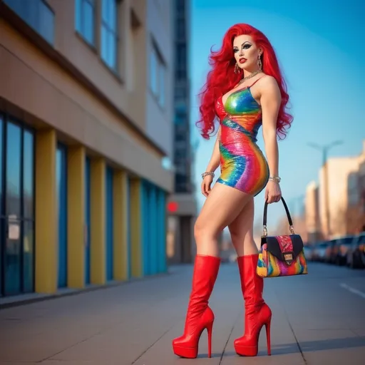 Prompt: High-quality detailed digital photograph of an 27-year-old Hungarian drag queen bodybuilder with big busom, in a cute dress outfit and wearing cute 6 inch stiletto high heel shoes, ridiculously long wavy bright red hair (((blowing in the wind))), wearing a cute cross-body handbag, vibrant and colorful, adorable expression, soft lighting, detailed eyes, professional, 4k, ultra-detailed, cute outfit, long straight high ponytail, platform high heel boots, cute cross-body handbag, adorable expression, soft lighting