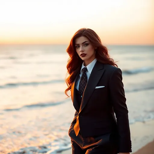 Prompt: (cinematic) beach scene, (gorgeous ultra-muscular 25-year-old Czechian drag queen with long wavy dark red hair, smakey eye shadow and dark red lipstick) strolling along the shore, (soft golden light) of sunset reflecting on gentle waves, (serene atmosphere) with a touch of romance, (fine details) of the three piece suit glistening in the light, (crisp details) and ultra-detailed background of a tranquil ocean vista, (4K quality).