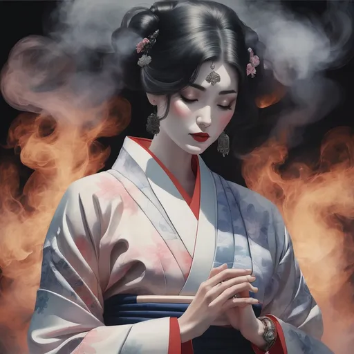 Prompt: Huddled in the safety of a pseudo silk kimono
Wearing bracelets of smoke,  devoid of understanding