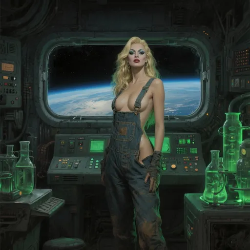 Prompt: image in the style of Boris Vallejo, Luis Royo.
An image of a 35-year-old French drag queen with a perfect open body and long blonde hair, wearing an old overalls pulled down to her waist. She stands in a dark and gloomy biological laboratory of an interplanetary station. in the background: a large rectangular panoramic porthole with a view into space, control panels, greenish backlighting. detailed masterpiece..