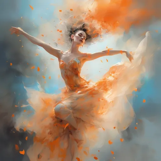 Prompt: Happy gorgeous ultra-muscular Floridian drag queen dancing, ballet jump, swinging white dress, background composed of colored smoke: beautiful orange colour palette. Subtle ethereal fantasy, complementary colors: blue and black. Golden speckles and rose petals all over. by Carne Griffiths, Victo Ngai, Jean Baptiste Monge, ultra-detailed, intricate, a masterpiece, vibrant, cinematic, perfect composition, spectacular lighting, digital painting, trending on Artstation, concept art, soft focus