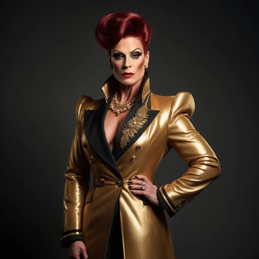 Prompt: "A gorgeous muscular German drag queen in her late thirties with striking dark red hair and light brown eyes that shimmer with a golden hue. She has a sharp, regal face and an air of authority. Known as the 'Golden Dutchess,' she is tall and muscular, exuding confidence and refinement. Dressed in a tailored noble coat with intricate detailing, she stands in a grand hall, her demeanor poised yet guarded, hinting at a troubled past beneath her polished exterior."