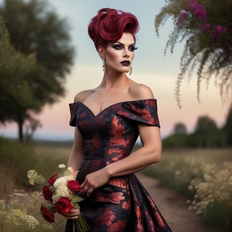 Prompt: award-winning full-length portrait of a gorgeous muscular drag queen (strong masculine jawline and facial features) with dark red updo hair, dark eyeshadow,  and dark lipstick, chic floral dress, outdoors, dainty bouquet of wildflowers, high-quality, oil painting, detailed floral patterns, serene atmosphere, elegant, natural lighting