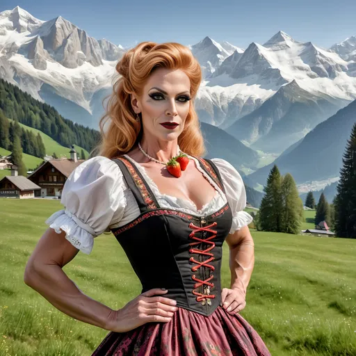 Prompt: Gorgeous muscular 40-year-old Austrian drag queen with strawberry-blonde hair, very strong masculine jawline and brow,  dark eyeshadow and dark lipstick, in Alps meadow wearing dirndl traditional folk dress, serene atmosphere, high-quality, detailed, realistic, traditional painting, Heidi-inspired, nature bliss, snow-covered peaks, peaceful, tranquil, alpine meadow, joyful lamb,warm sunlight, golden hour lighting, traditional art style, idyllic, joyous, pristine nature