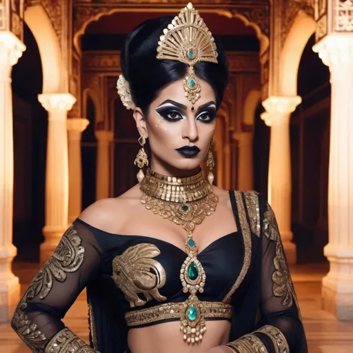 Prompt: A futuristic rendition of Indian royalty, where a gorgeous muscular 35-year-old Pakistani drag queen bodybuilder (dark eyeshadow,  dark lipstick,  heavy mascara) is dressed in a dazzling outfit featuring traditional Indian elements like rich silk, gold embroidery, and intricate jewelry, but with a high-tech twist. The palace is a blend of old and new, with ancient marble columns adorned with glowing circuit patterns, and holographic elephants walking through the palace courtyard. The scene is bathed in soft, ethereal light, creating a majestic atmosphere