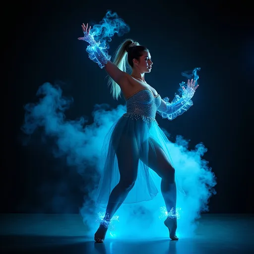 Prompt: 64k , high resolution, surrealism , illustration  , digital painting  , ultra detailed , art photography , bright colors , black background with water blue fire   , a gorgeous muscular 35-year-old Turkish drag queen bodybuilder dancing in the dark room ,she wears  light blue glowing bracelets illuminating her hands) , Challenging dynamic dance sequence , full body ,  ice blue dress dress , the dance makes the dress look more dynamic , dramatic lighting around her , close up