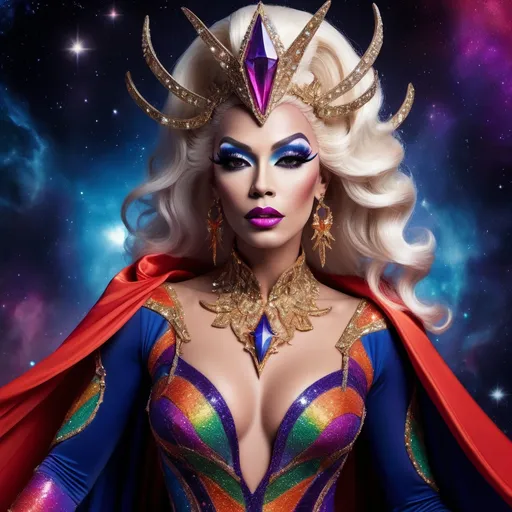 Prompt: The most beautiful drag queen on Krypton wearing the traditional Krypton dress.