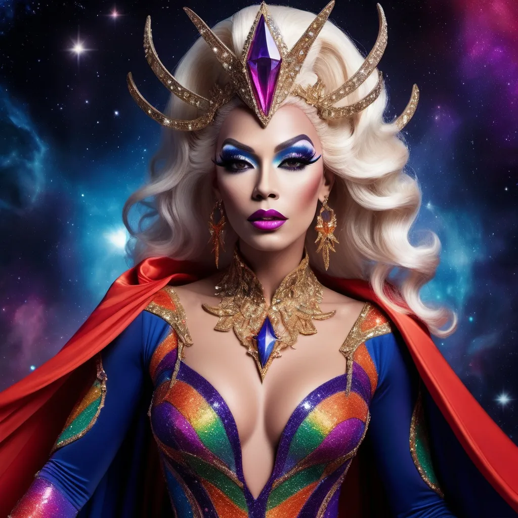 Prompt: The most beautiful drag queen on Krypton wearing the traditional Krypton dress.