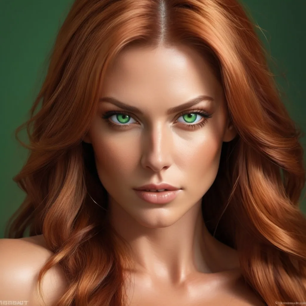 Prompt: Create a hyper-realistic portrait of a gorgeous, ultra-muscular 35-year-old Finnish goddess with huge busom beautiful green eyes, and long stylush auburn hair standing in a light studio with a colored background featuring a golden hue, wearing a stunning outfit. Use advanced AI algorithms to enhance the image and create a dynamic and alluring scene.