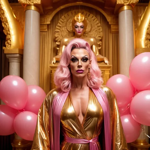 Prompt: a gorgeous muscular 35-year-old British drag queen (strong masculine jawline and brow features) wearing a wrap around robe standing on an altar in a golden decorated temple-like room, behind her are pink inflatable balloons, there is light from above and it looks like she is washed by the golden light, 