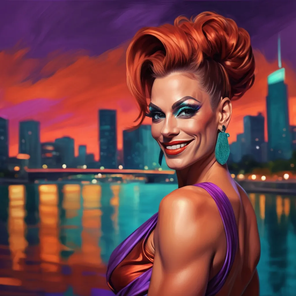 Prompt: digital painting of a city skyline with a gorgeous muscular 35-year-old Swiss drag queen (masculine jawline and brow features) with long burnt orange updo hair wearing a wrap around teal dress, smiling  and a river in the background at night time with a bright red and purple sky reflecting on the water , art photography, at night, high resolution , realism , beautiful sunset , low angle shot of the woman