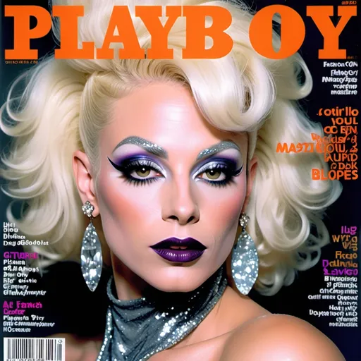 Prompt: (90s "Playboy" Magazine Cover), ethereal and whimsical, (vibrant color scheme), high-fashion editorial style, gorgeous muscular 35-year-old French drag queen model (masculine facial features) with sassy platinum blonde hair, striking Hazel eyes, dark smoky eyeshadow, enchanting expression, pretty lips, dark lipstick, luxurious glittery details, magical aesthetic, ultra-detailed, sparkly, glossy finish, captivating photography with dramatic lighting, alluring atmosphere, cosmopolitan elegance, celebrity fashion icon, stylish and classy presentation. Composition focus on full-body. 