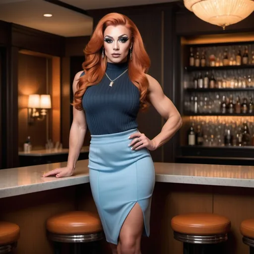 Prompt: photorealistic, (full-body portrait), confident pose, (1 gorgeous ultra-muscular 25-year-old Finnish drag queen bodybuilder), wearing (dark, thin, fine-knit sweater), (pale blue pleated skirt), (8 inch stiletto highheel shoes), very long wavy burnt orange hair., luxury hotel bar background, elegant ambiance, low warm lighting, sleek decor, sophisticated atmosphere, high detail, vignetting effect, nighttime setting, alluring yet classy vibe, showcasing facial expression and stylish outfit.