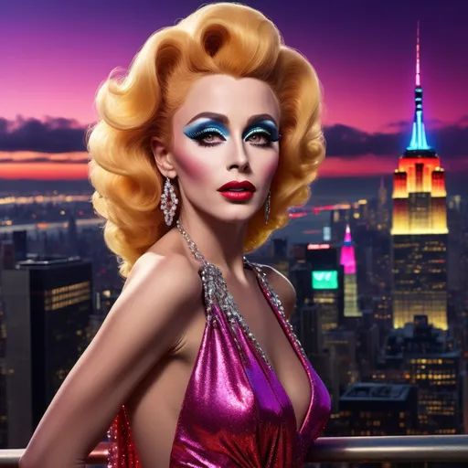 Prompt: James Dean  dressed as a 25-year-old gorgeous drag queen Cher posing on the ledge of a building, high above NYC.