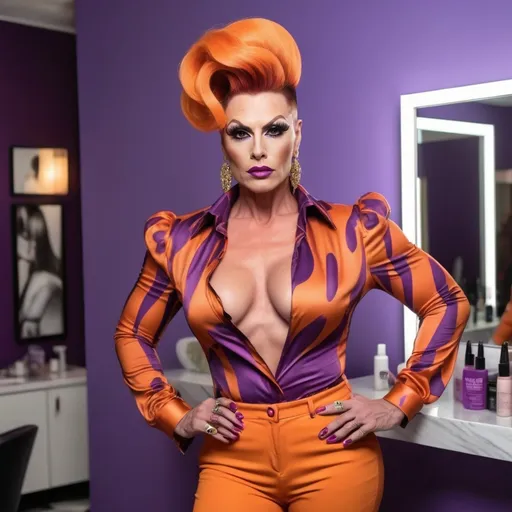 Prompt: Gorgeous ultra-muscular 35-year-old Polish drag queen (masculine jawline and brow facial features) with huge busom and long crimson high updo hairstyle dressed in tight orange leppard print pants, low cut purple blouse, and 8 inch stiletto high heel shoes, walking through a hair salon. 