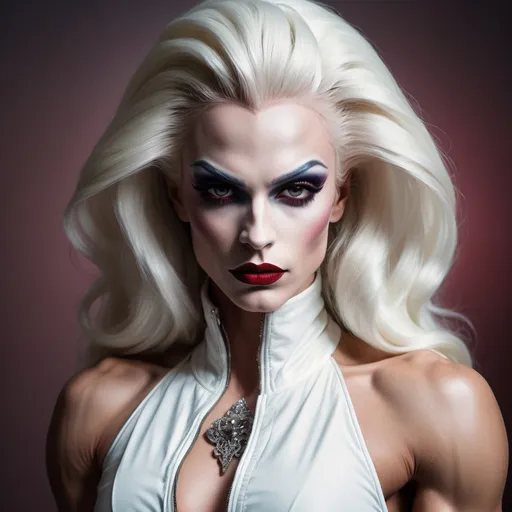 Prompt: (gothic art), imagine Geirge Michael dressed as a gorgeous ultra-muscular 25-year-old Swedish drag queen bodybuilder with (striking dark red makeup and lipstick), wearing a (white jacket) draped over her head, (mysterious gaze) directed at the camera, (dramatic pastel colors), (moody ambiance), rich textures, (ultra-detailed wooden floor) in the background, evoking an eerie yet captivating vibe, (high quality) image, beautifully composed and expressive.