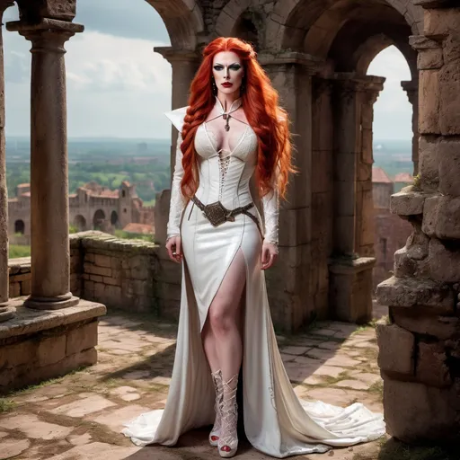 Prompt: realistc, Full body, (Hot red-headed drag queen mistress), long braided red hair, gorgeous strong face (strong masculine jawline and brow features), long white leather medieval fantasy dress, with straps and lace, stunning high heels, dominant stance, looking over shoulder, set between ancient ruins, magical spells in the air