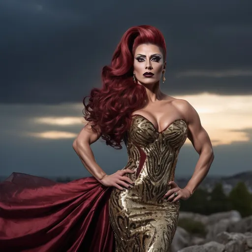 Prompt: Gorgeous muscular 35-year-old Turkish drag queen bodybuilder with long dark red flowing updo hair, dark eyeshadow and dark lipstick, long gold flowing sequined gown, romantic outdoor setting, dramatic sky, An ultra-realistic photograph captured with a Sony α7 III camera, equipped with an 85mm lens at F 1.2 aperture setting,  The image, shot in high resolution and a 16:9 aspect ratio, captures the subject’s natural beauty and personality with stunning realism –ar 16:9 –v 5.2 –style raw