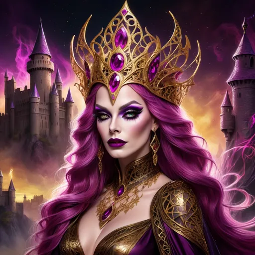 Prompt: Fantasy illustration of a powerful British drag queen sorceress, vibrant gold and magenta color palette, ancient castles in the background, dark eye makeup, darl lipstick,  flowing silk garments with intricate Wiccan patterns, majestic headdress adorned with gemstones, mystical glowing staff, high quality, detailed fantasy, British, mystical, powerful sorceress, gold and magenta, ancient castles, flowing garments, Wiccan patterns, majestic headdress, glowing staff, fantasy illustration, vibrant colors, mystical atmosphere