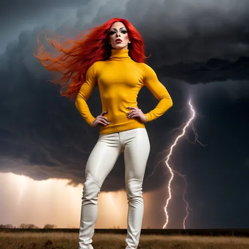 Prompt: Gorgeous ultra-muscular 25-year-old French drag queen bodybuilder with very long wavy bright red hair (((blowing in the wind))) wearing yellow turtleneck sweater and white leather pants, is standing on the edge of oblivion, a mushroom cloud in the distance. A stormy sky and lightning is overhead.