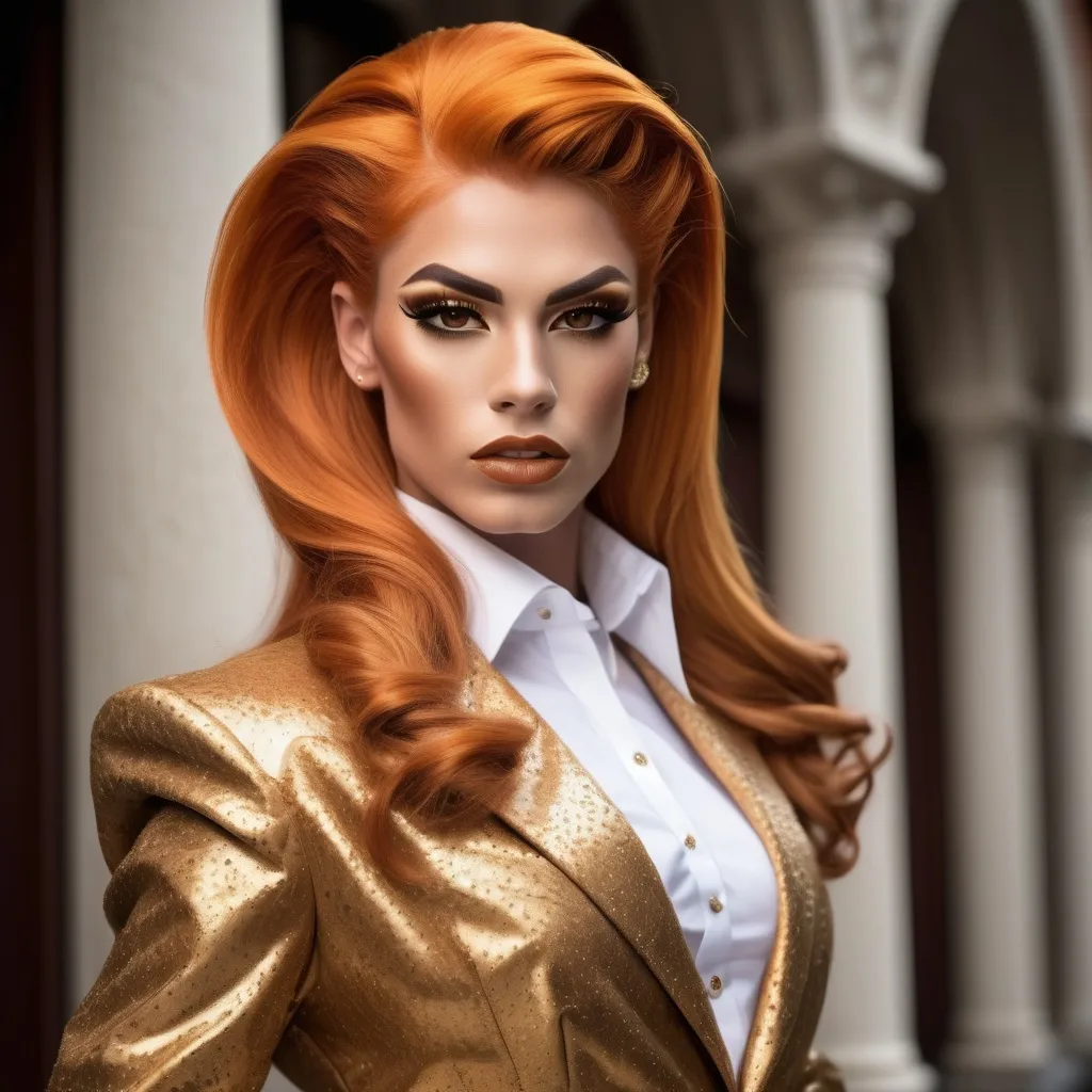 Prompt: "A gorgeous muscular 18-year-old Austrian drag queen with striking orange hair and brown eyes that shimmer with a golden hue. She has a sharp, regal face (strong masculine jaw and brow) and an air of authority. Known as the 'Golden Dutchess,' she is tall and muscular, exuding confidence and refinement. Dressed in a tailored noble coat with intricate detailing, she stands in a grand hall, her demeanor poised yet guarded, hinting at a troubled past beneath her polished exterior."