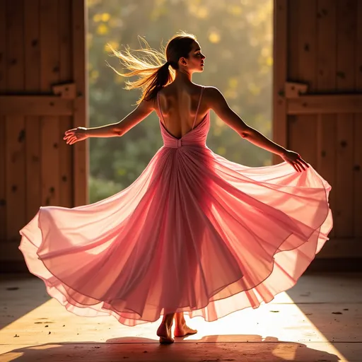 Prompt: (heavenly asian beauty girl), gracefully dancing, futuristic long flowing twirling pink dress, minimalistic yet striking design, (soft ethereal lighting), warm golden hues, rustic barn setting, detailed wooden textures, (dynamic movement), enchanting atmosphere, blissful emotion, captivating expressions, high-quality 4K image, ultra-detailed background elements.