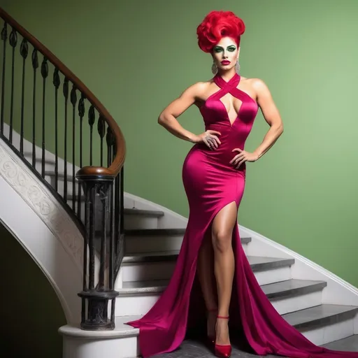 Prompt: Beautiful  olive-skin Israeli bodybuilder drag queen, long bright red updo styled hair, vibrant green eyes, flawless round face, dark eye shadowand dark red lipstick, long flowing magenta & red dress with peekaboo cutout and thigh slit, 8 inch white stiletto high heels, standing on a grand staircase, high-res, pro lighting, pro photo, sharp focus, luxury setting, haute couture fashion, subtle smile, sophisticated, elegant