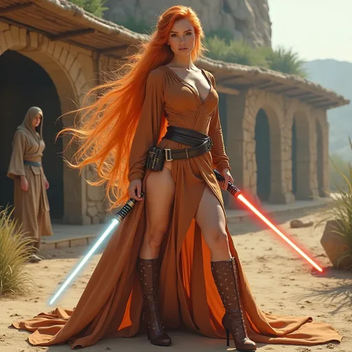 Prompt: Gorgeous ultra-muscular 25-year-old Finnish goddess with huge busom and ridiculously long flowing burnt orange hair wearing Jedi robes with a light saber and 8 inch stiletto high heel shoes posing in a futuristic village in the Star Wars universe. 