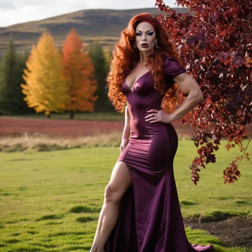 Prompt: Gorgeous ultra-muscular 25-year-old Icelandic drag queen bodybuilder with long curly dark red hair, fine features, wearing a long plum colored regency dress with short sleeves, 8 inch stiletto high heel shoes, fullbody, standing alone, serene expression, open grassy area, vibrant autumn foliage in background, gentle sunlight illuminating her figure, dreamy atmosphere, natural setting, ultra-detailed, high-quality 4K.