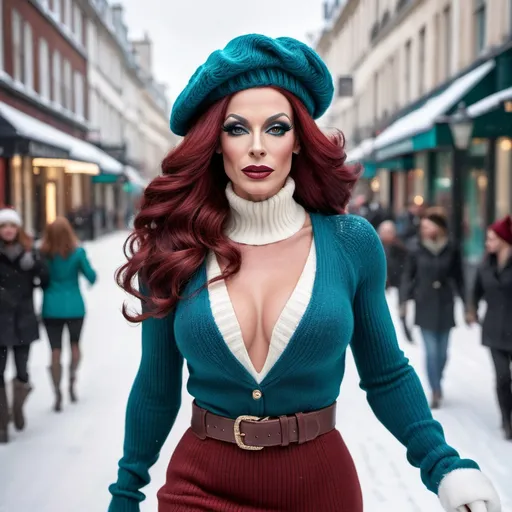 Prompt: (photorealistic) glamour shot of a (gorgeous muscular 35-year-old French drag queen fashion model), walking gracefully on a snow-covered high street, adorned for winter holidays. She has (long dark red tresses), (gorgeous yet masculine facial features), (large busom), wearing a white beret, (teal cable knit sweater, long belted suede skirt with fringe trim), fur trimmed boots, tartan wool scarf, white gloves, carrying a stylish leather purse, (bright engaging smile showing her perfect teeth), sparkling festive lights twinkling in the blurred background, (vibrant colorful scene) evoking (sophisticated elegance), (high detail & quality), (8k), (professional photography), warm and cheerful ambiance, warm professional floodlighting showcasing the vibrant colors of her stylish fashionable outfit.