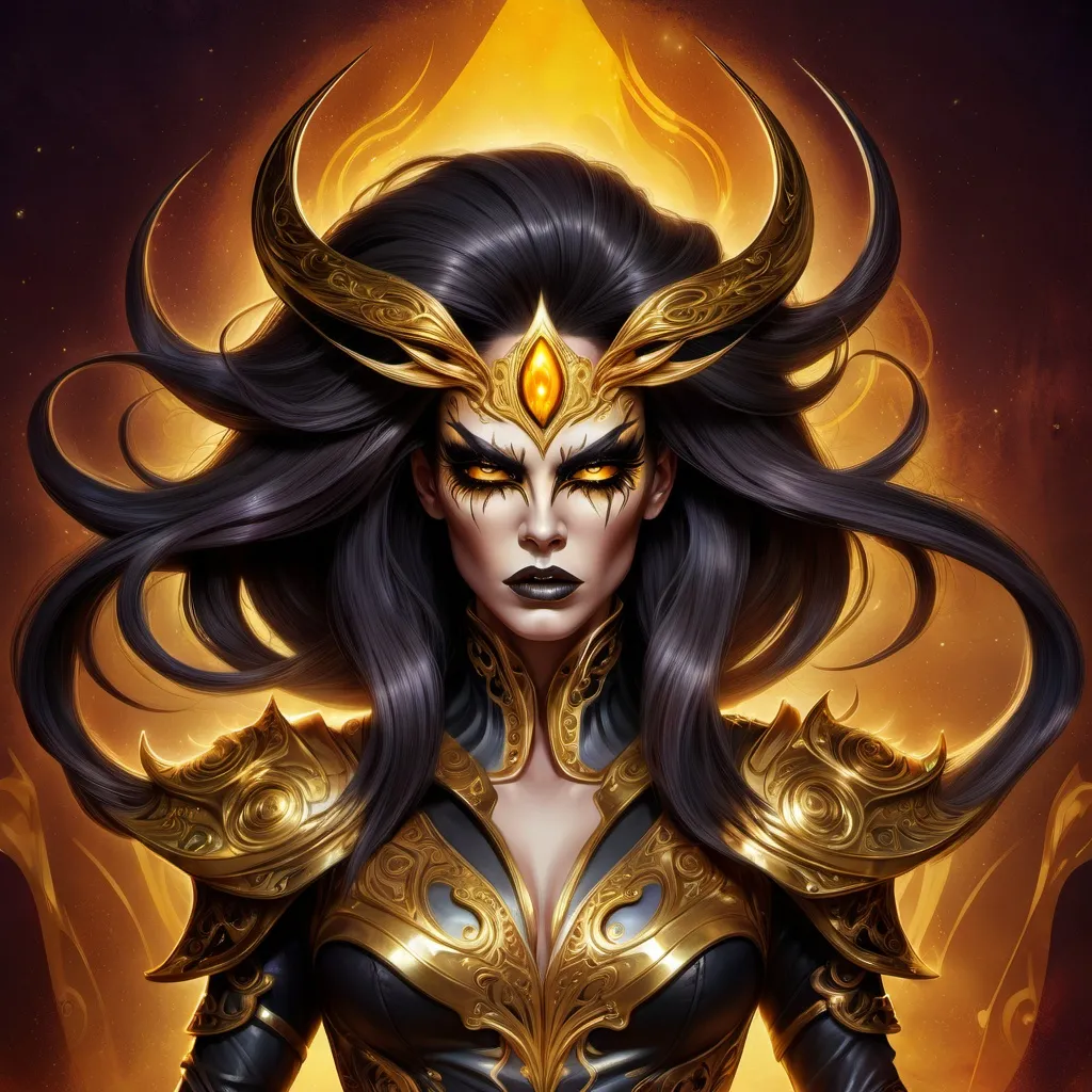 Prompt: This is a digital art fantasy illustration that depicts a powerful, demonic drag queen character with dark, flowing hair. a cyclops with one eye. Her sharp, angular features and intense, golden eyes convey strength and determination. The character's armor is ornate and jagged, with glowing gold highlights, enhancing his formidable presence. The warm, golden background features a surreal, otherworldly landscape with tall, spire-like structures and a reflective, shimmering body of water. The dynamic pose, detailed armor, and glowing atmosphere suggest a warrior of immense power, evoking a sense of majesty and danger. Digital art illustration