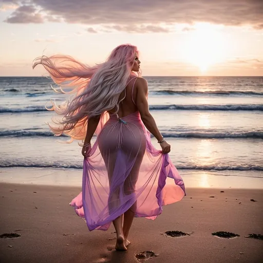 Prompt: Classy gorgeous 25-year-old Czechian drag queen bodybuilder with huge busom, ridiculously long wavy flowing platinum pink hair (((blowing in the wind))) wearing and extremely long backless sheer gown walking barefoot on the beach at sunset. Composition focus on dress.